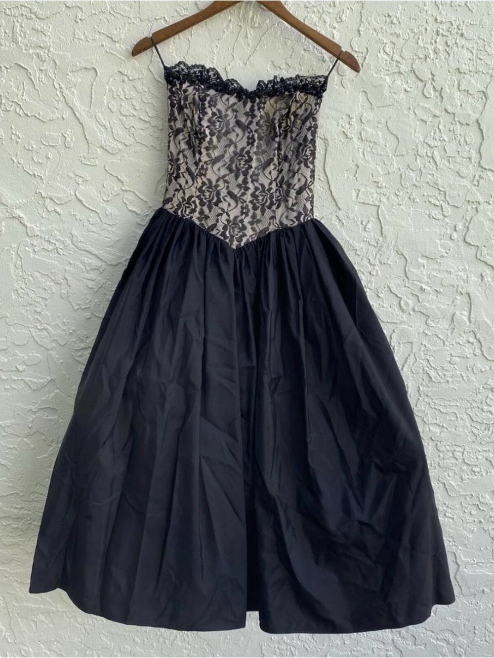 Gunne Sax Lace 50s Midi Dress Black Sequin Corset Strapless Gown L Basque Waist